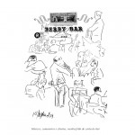 Caricaturas do Café Derby - Músicos, camareiros e clientes nunha folla de carta do bar