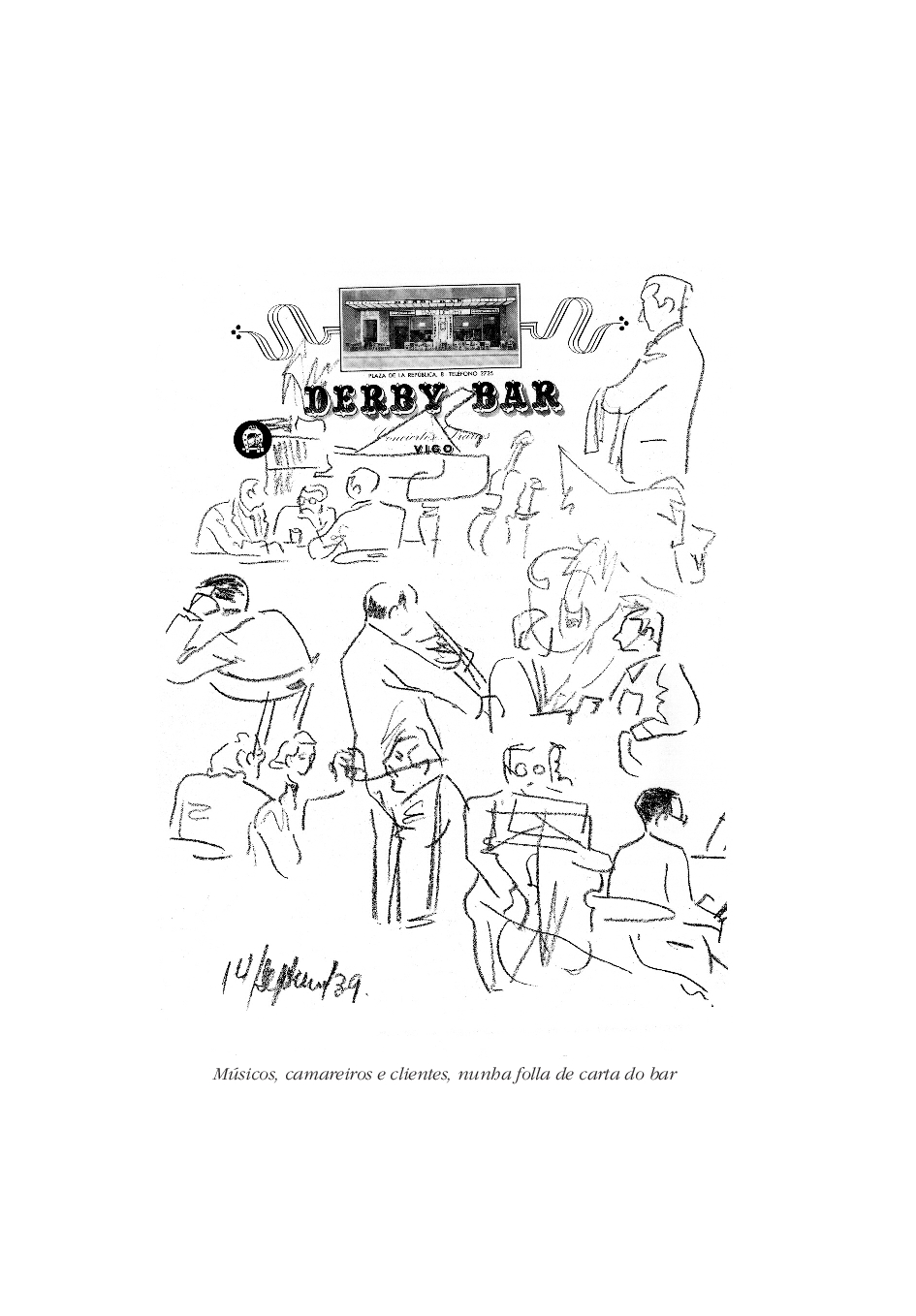 Caricaturas do Café Derby - Músicos, camareiros e clientes nunha folla de carta do bar